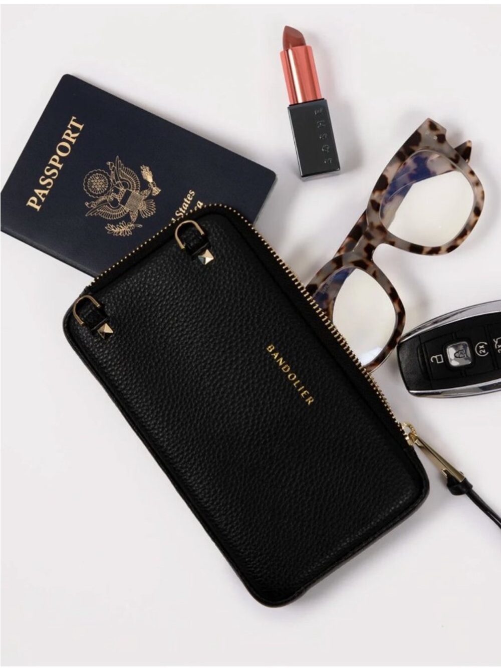 BANDOLIER Gold Expanded Zipper Black Pouch Bag NEW!! Crossbody Leather Zip Purse